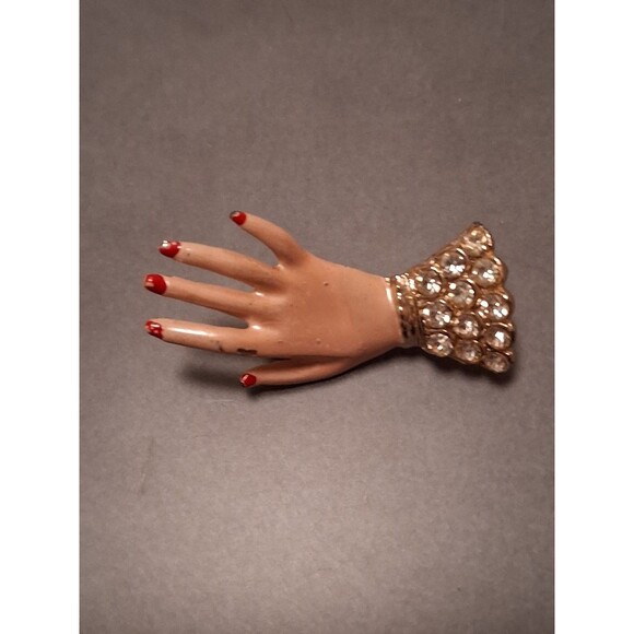 Vintage Rhinestone Enamel Hand Brooch Red Nail Polish Rhinestone Pin - Picture 2 of 4